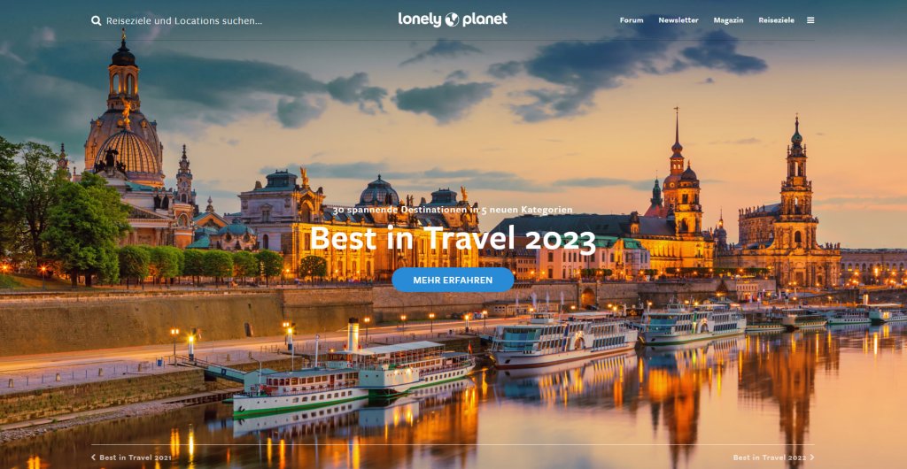 Screenshot der Startseite der deutschen Website von Lonely Planet